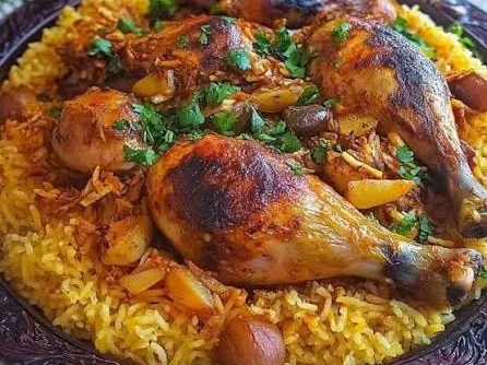 صينية أرز متبّل مع أفخاذ دجاج محمّرة